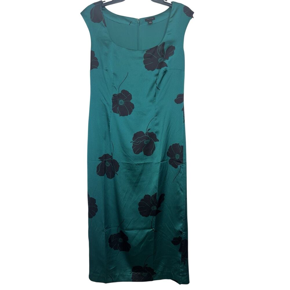 Ann Taylor Emerald Green Black Floral Square Neck Satin Midi Dress Size 4